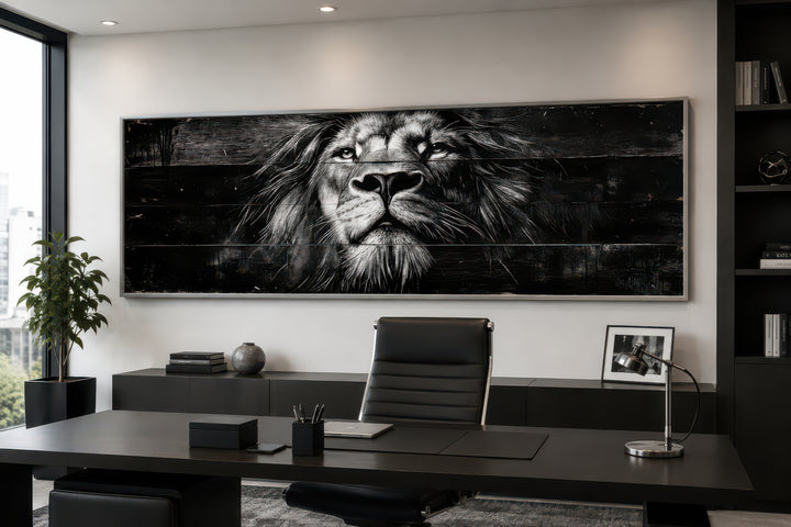 Black and white lion horizontal canvas wall art in a modern office setting.