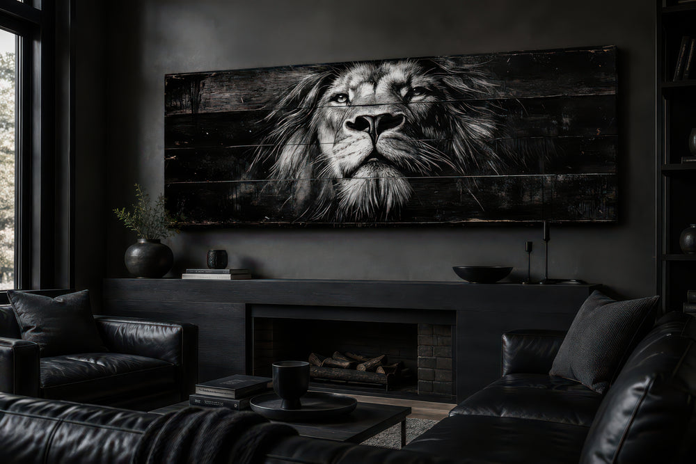 Black and white lion face canvas wall art on a long horizontal frame above a modern fireplace.