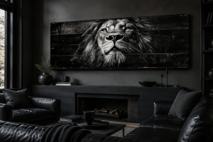 Black and white lion face canvas wall art on a long horizontal frame above a modern fireplace.