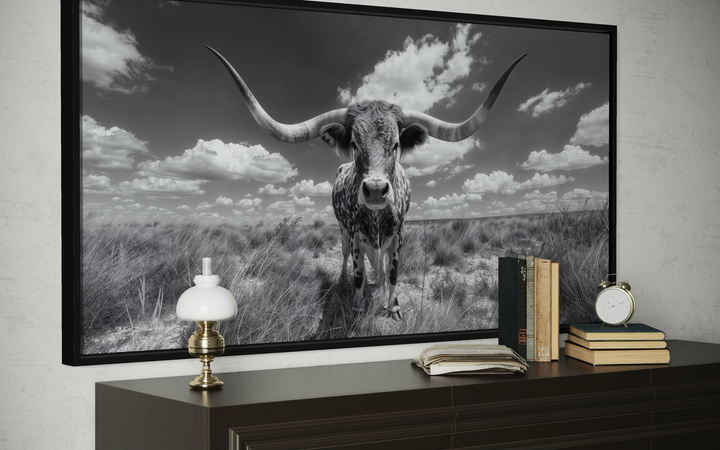 Black and white longhorn photography style framed canvas wall art displayed above a dark dresser.