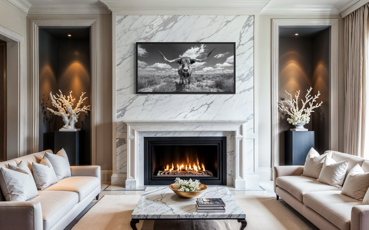 Black and white longhorn photography style framed canvas wall art displayed above a fireplace.