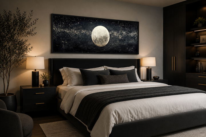 Horizontal black and white canvas art of a full moon in a starry sky hanging above a bed.