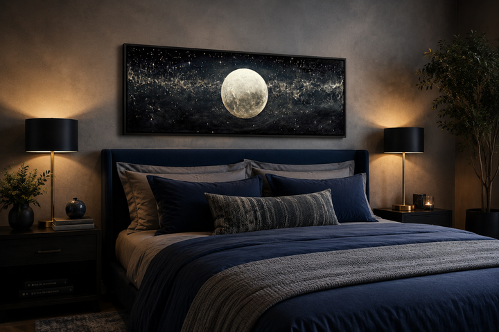 Black and white horizontal wall art of a full moon in a starry sky hanging above a bed.