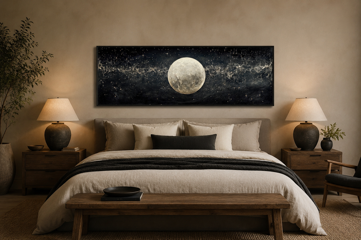 Horizontal black and white canvas art of a full moon in a starry sky hanging above a bed.