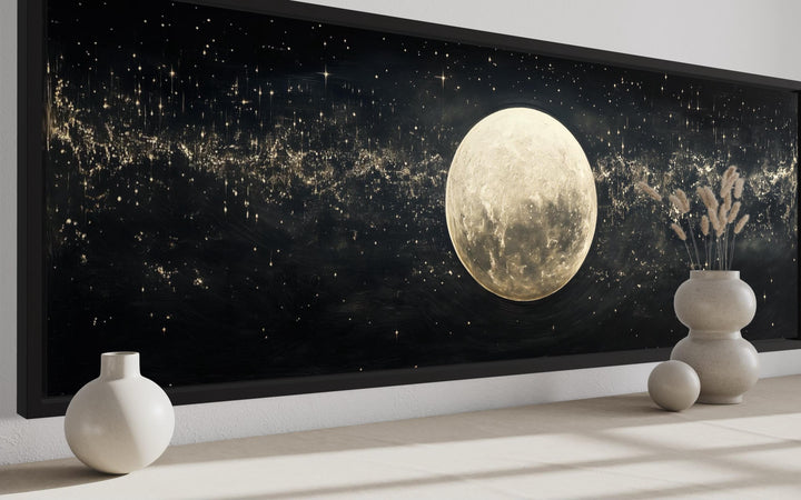 Black and White Moon In Starry Sky Horizontal Above Bed Wall Art