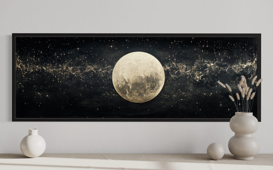 Black and White Moon In Starry Sky Horizontal Above Bed Wall Art