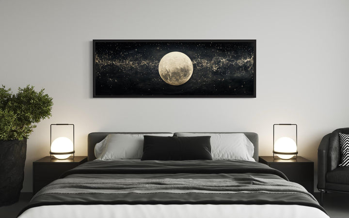 Black and White Moon In Starry Sky Horizontal Above Bed Wall Art