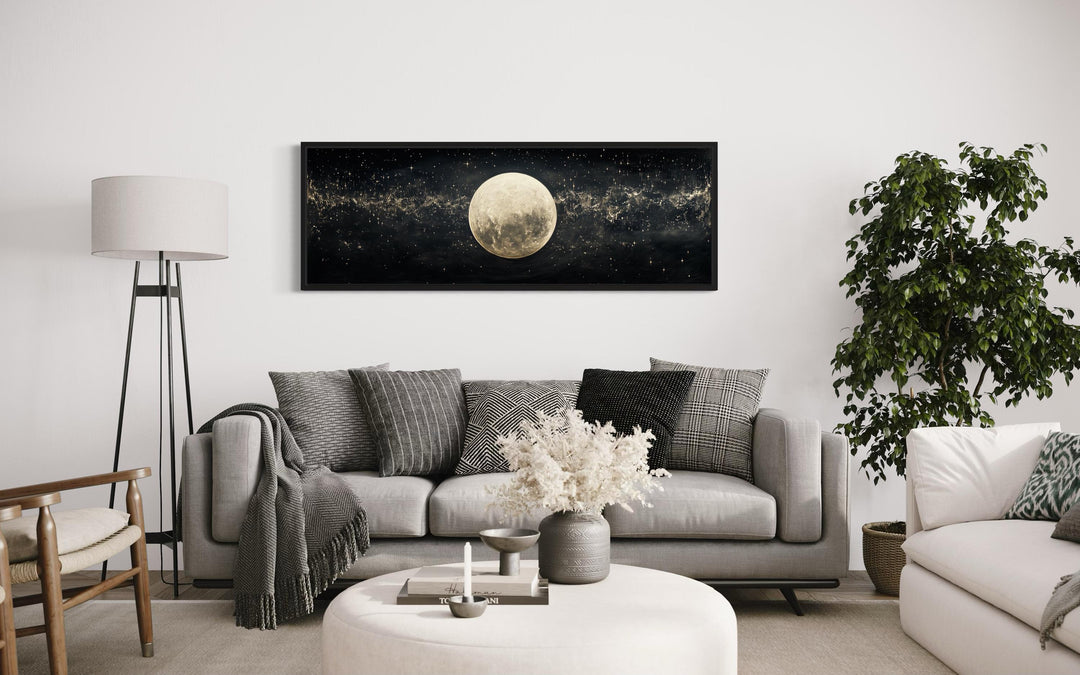 Black and White Moon In Starry Sky Horizontal Above Bed Wall Art