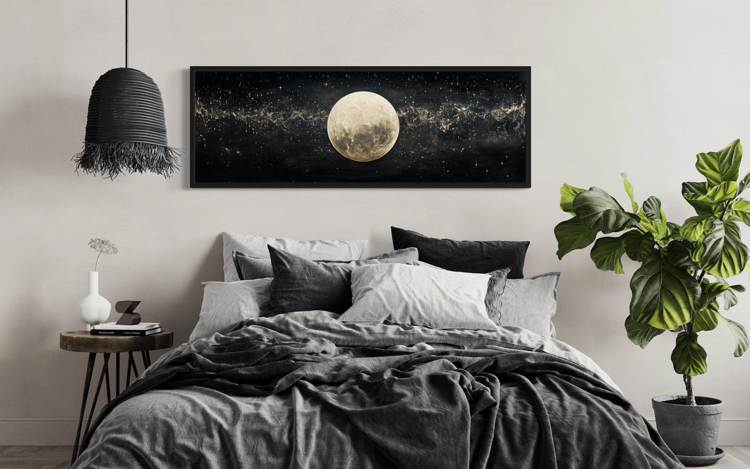 Black and White Moon In Starry Sky Horizontal Above Bed Wall Art