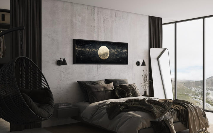 Black and White Moon In Starry Sky Horizontal Above Bed Wall Art