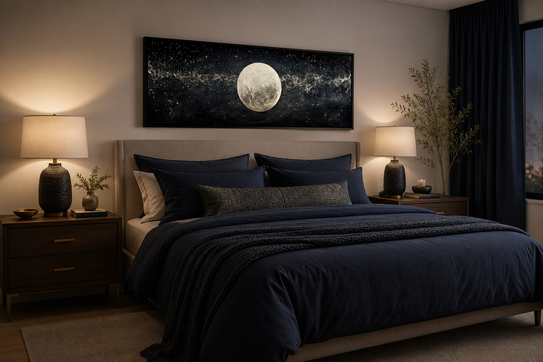 Black and white horizontal wall art of a full moon in a starry sky hanging above a bed.