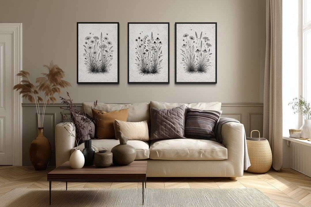Set of three black and white wildflower canvas prints in black frames above a neutral sofa.