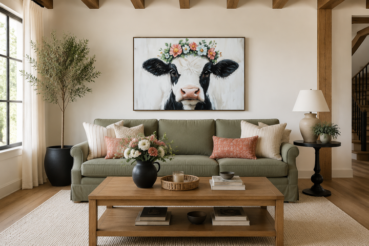 Cow with floral wreath canvas wall art hanging above a green sofa in a rustic farmhouse living room.