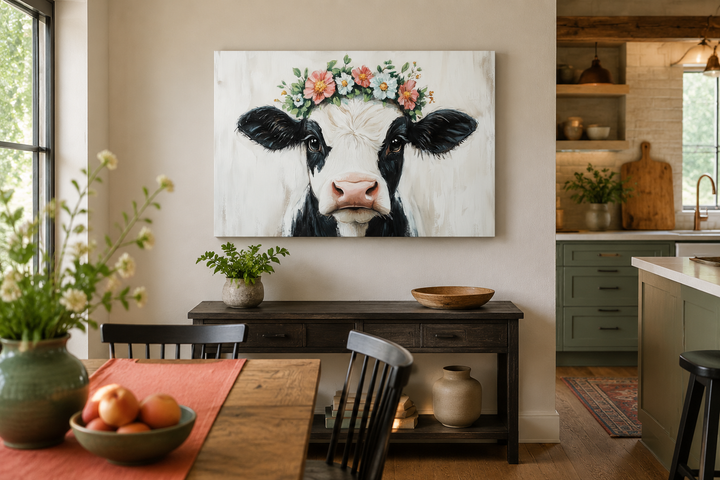 Cow with floral wreath canvas wall art hanging above a rustic console table in a farmhouse room.