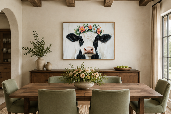 Cow with floral wreath canvas wall art hanging in a rustic farmhouse dining room.