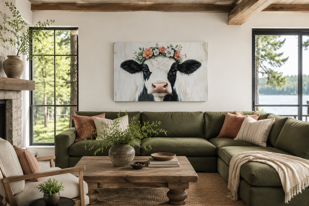 Cow with floral wreath canvas wall art hanging above a green sofa in a rustic farmhouse living room.