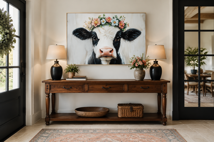 Cow with floral wreath canvas wall art hanging above a rustic wooden console table in an entryway.