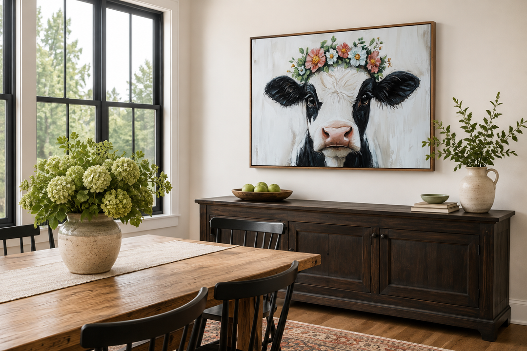 Cow with floral wreath canvas wall art hanging above a dark wood sideboard in a farmhouse dining room