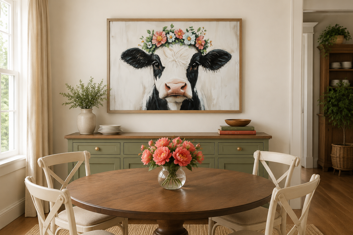 Cow with floral wreath canvas wall art in a rustic farmhouse dining room setting.