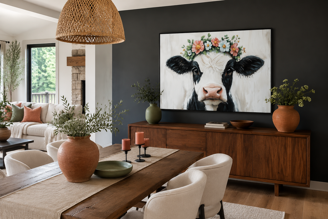 Rustic farmhouse canvas wall art of a black and white cow wearing a colorful floral wreath.