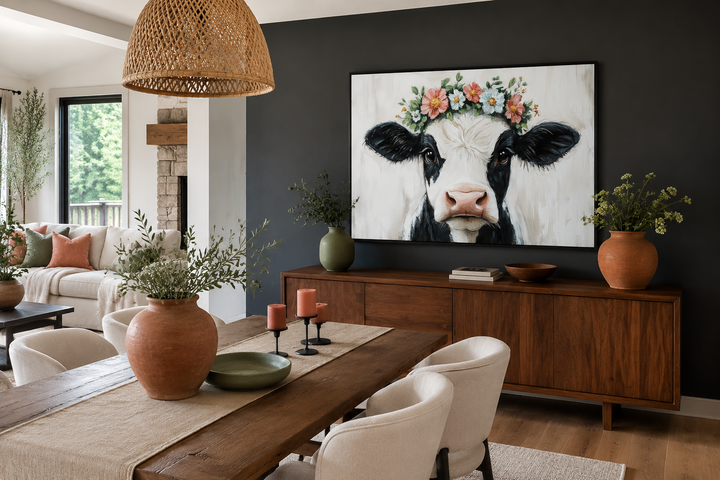 Rustic farmhouse canvas wall art of a black and white cow wearing a colorful floral wreath.