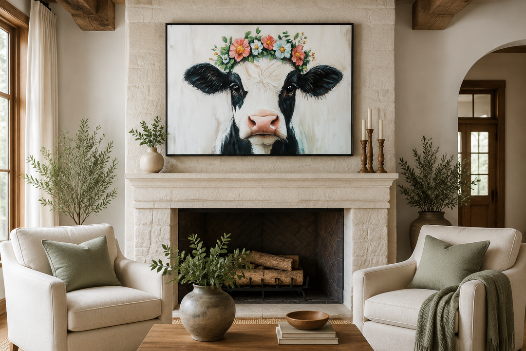 Cow with floral wreath canvas wall art hanging above a fireplace in a rustic farmhouse living room.