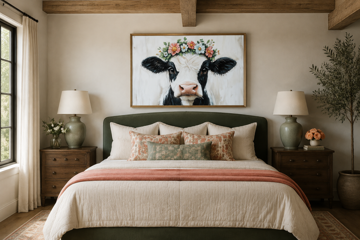Cow with floral wreath canvas wall art hanging above a bed in a rustic farmhouse bedroom.