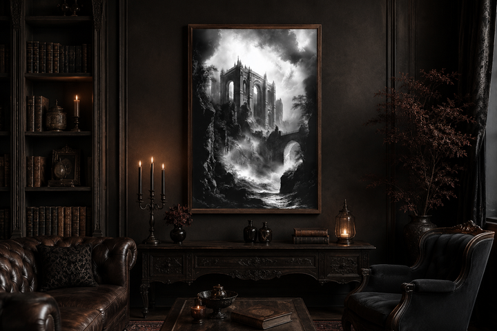 Black and white gothic wall art of a dilapidated castle ruin on a cliff in a dark academia room.