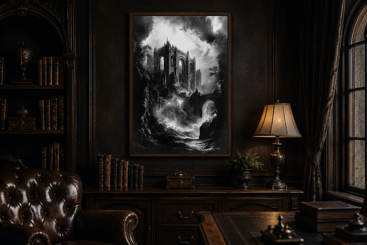 Framed black and white canvas art of a dilapidated gothic castle in a dark academia study.