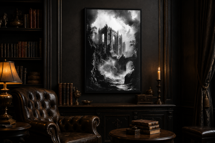 Black and white canvas art of a dilapidated gothic castle in a dark academia study setting.