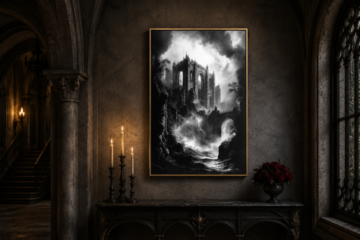 Black and white gothic wall art of a dilapidated castle ruin in a dark, moody interior setting.
