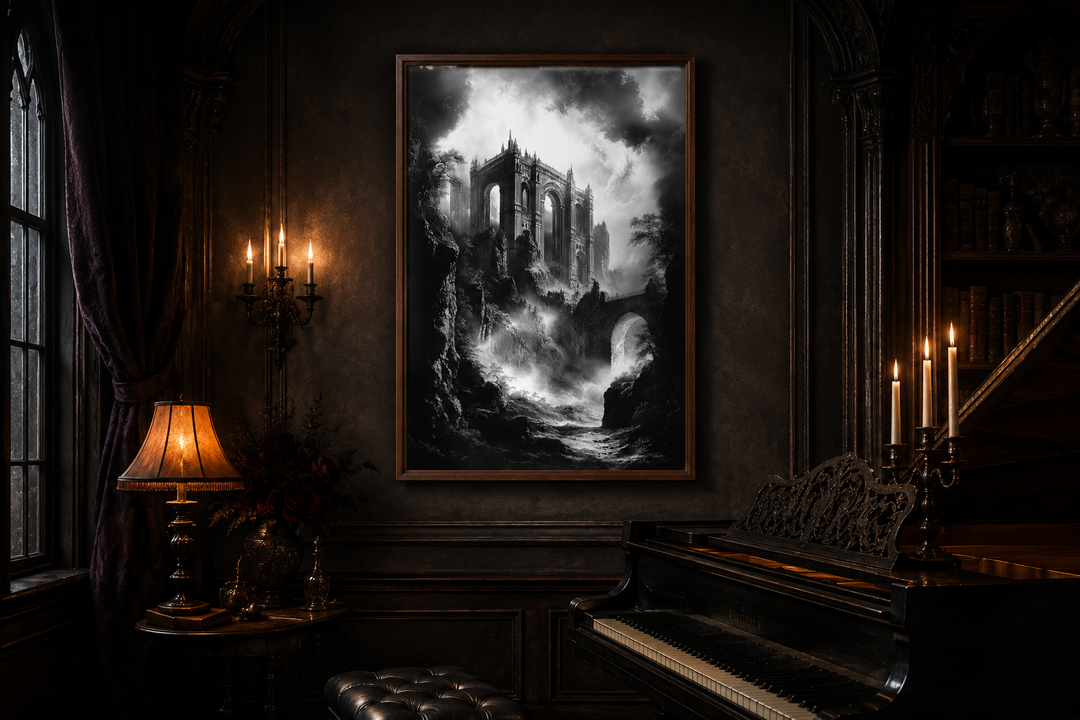 Framed black and white wall art of a misty, dilapidated gothic castle in a dark academia room.