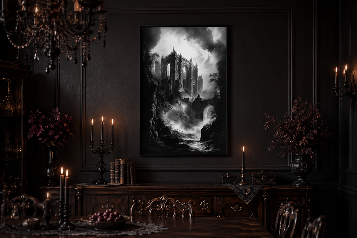 Black and white canvas art of a dilapidated gothic castle on a cliff in a moody, dark room.