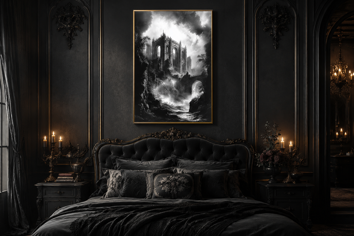 Black and white canvas art of a dilapidated gothic castle on a cliff, framed above a dark bed.