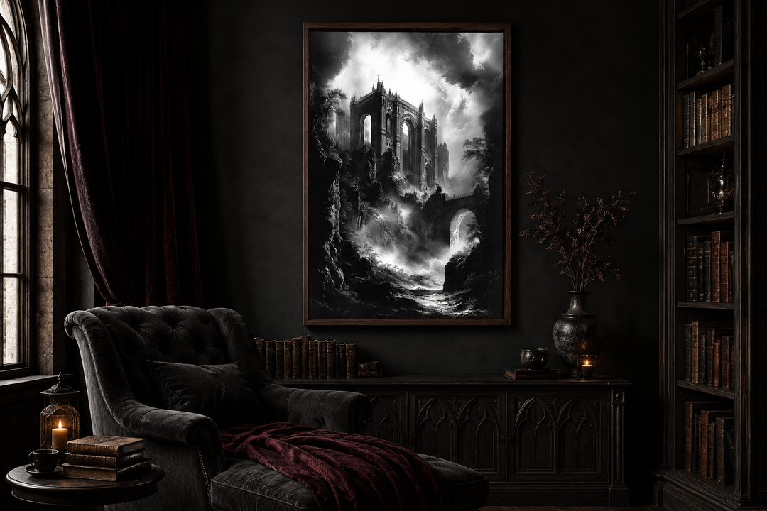 Framed black and white wall art of a dilapidated gothic castle on a cliff in a dark room setting.