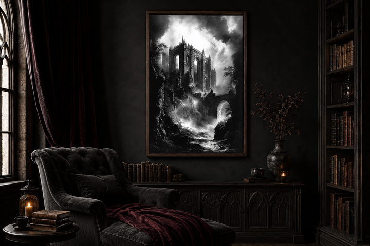 Framed black and white wall art of a dilapidated gothic castle on a cliff in a dark room setting.