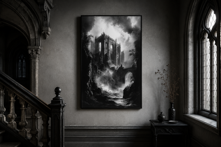Black and white gothic wall art of a dilapidated castle ruin on a cliffside in a moody interior.