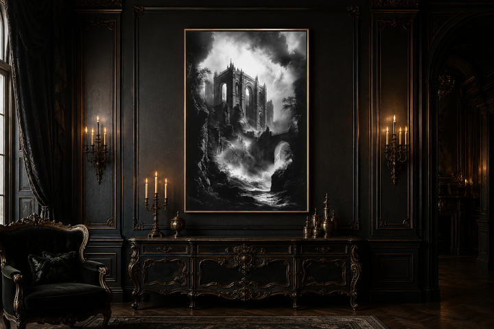 Black and white gothic wall art of a dilapidated castle ruin on a cliff in a dark, ornate room.