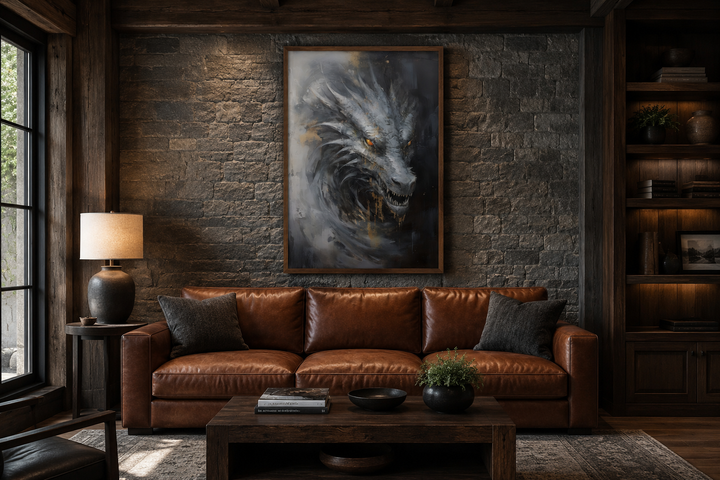 Abstract black dragon framed canvas wall art hanging above a brown leather sofa in a rustic room.