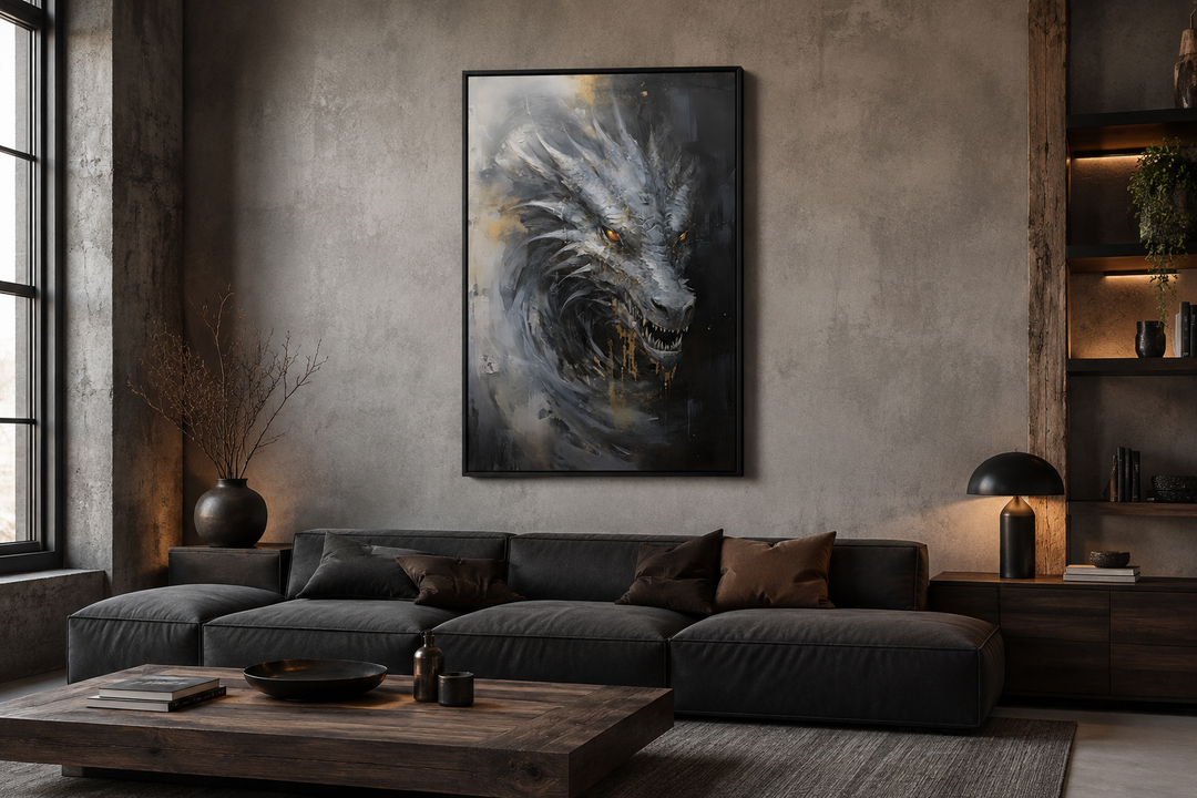Abstract black dragon framed canvas wall art hanging above a dark sofa in a modern living room.