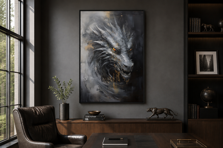Abstract black dragon framed canvas wall art with gold accents in a modern office setting.