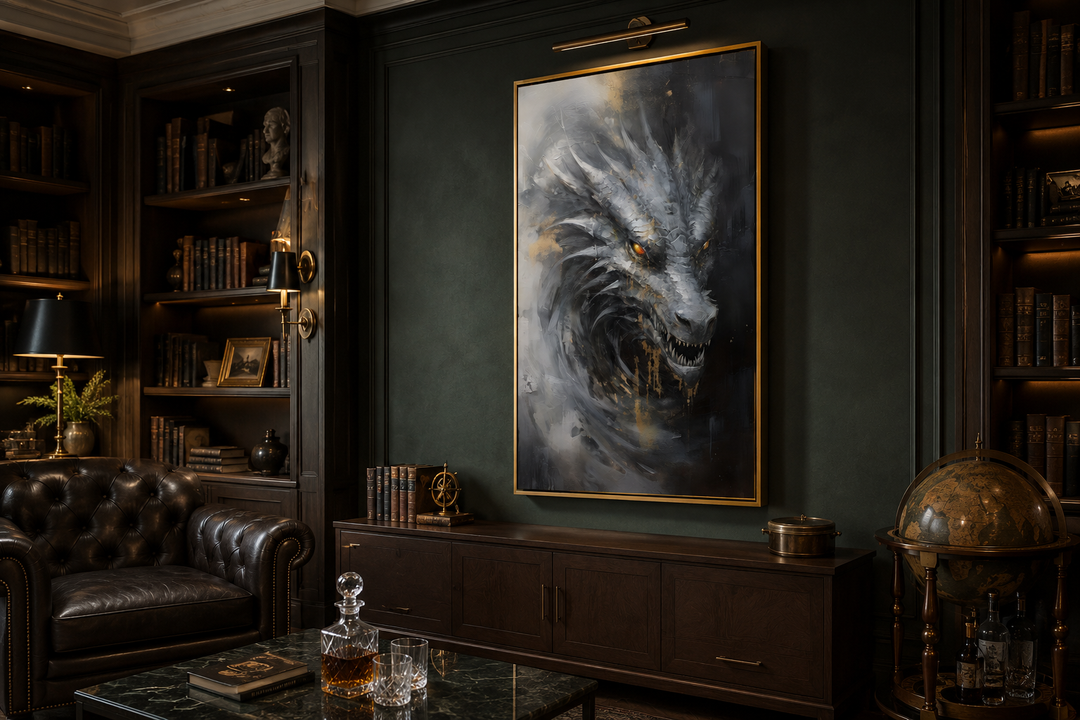 Abstract black dragon framed canvas wall art in a dark, moody library setting.