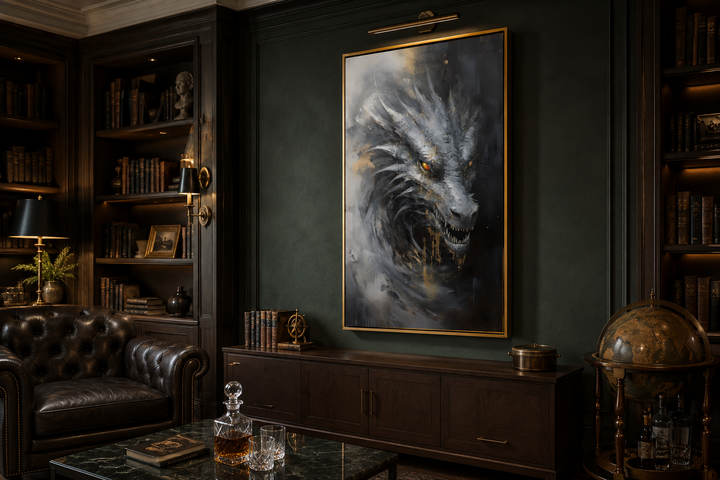 Abstract black dragon framed canvas wall art in a dark, moody library setting.
