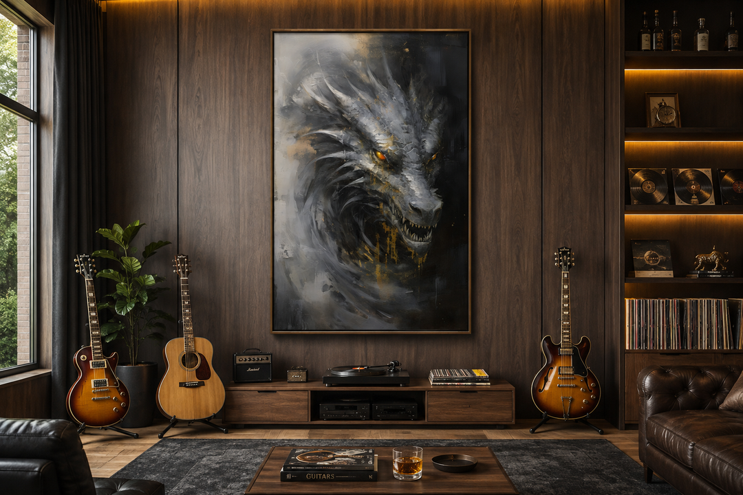 Abstract black dragon framed canvas wall art in a modern wood-paneled room with guitars.