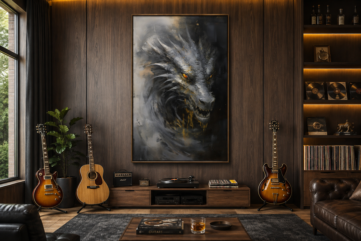 Abstract black dragon framed canvas wall art in a modern wood-paneled room with guitars.