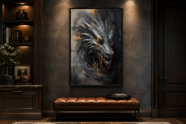 Abstract black dragon framed canvas wall art hanging in a dark, modern interior above a leather bench