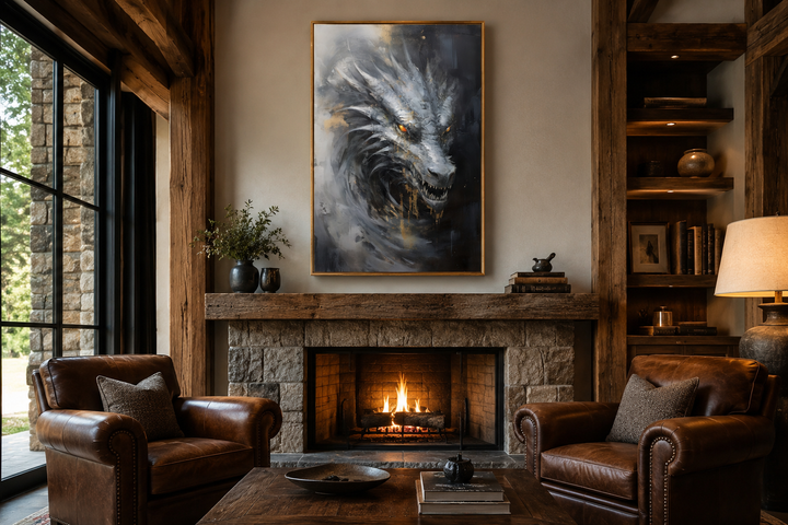 Abstract black dragon framed canvas wall art hanging above a rustic stone fireplace.