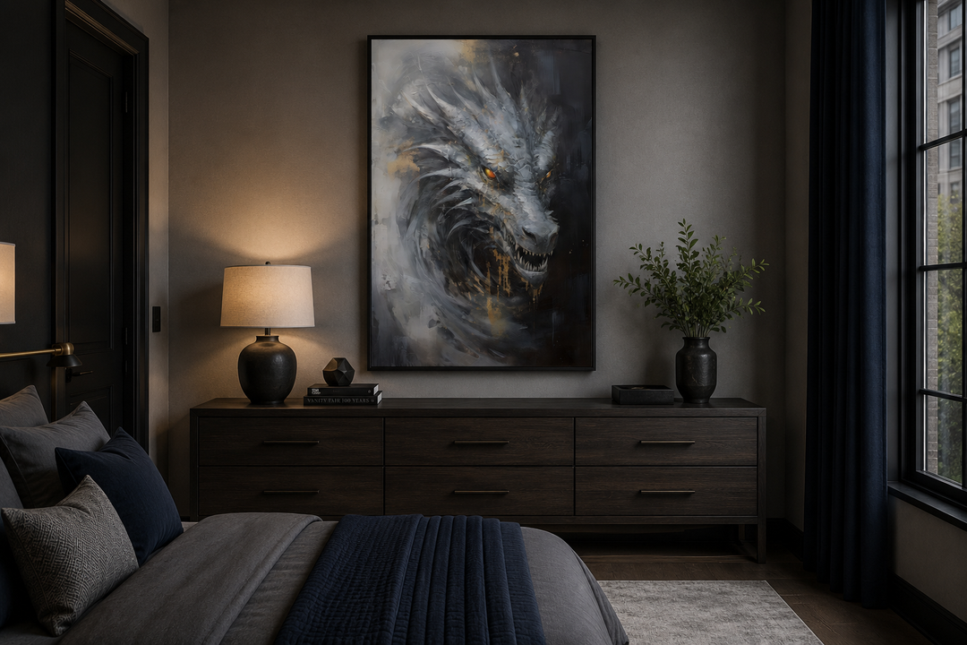 Abstract black and grey dragon framed canvas wall art hanging above a dark wood dresser in a bedroom
