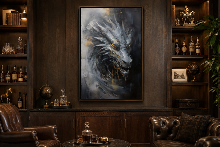 Abstract black dragon framed canvas wall art hanging in a dark wood-paneled study.