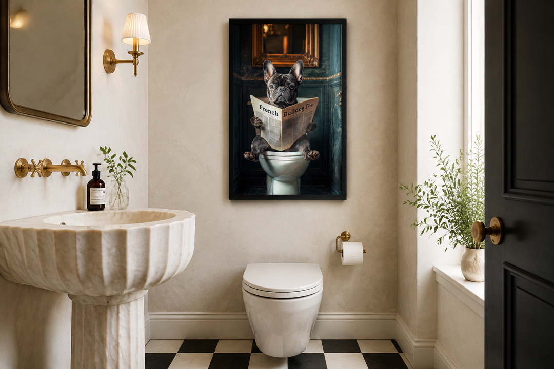 Framed art of a black French bulldog reading a newspaper on a toilet in a stylish bathroom.